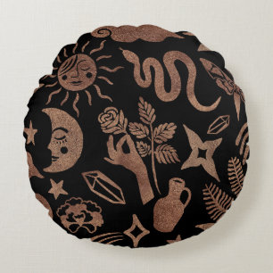 Mystical symbols: snake, sun, moon. round pillow