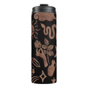 Mystical symbols: snake, sun, moon. thermal tumbler