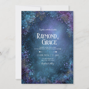 Mystical Teal Celestial Floral Galaxy Wedding Invitation