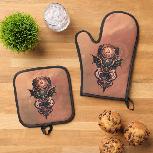 Mystical time travel with wings, steampunk watch.  oven mitt & pot holder set (Top Down)