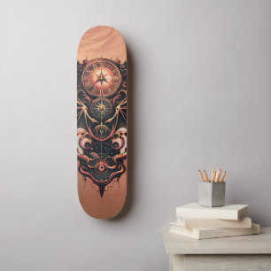 Mystical time travel with wings, steampunk watch.  skateboard