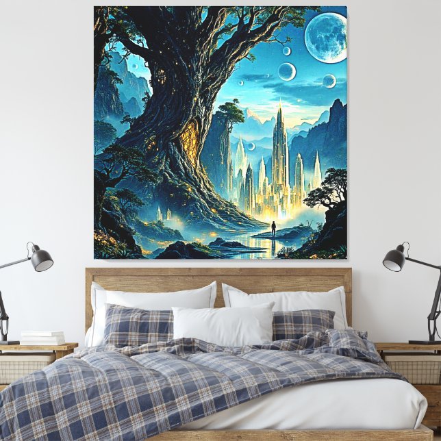 Mystical Tree City Dreamscape Canvas Print (Insitu(Bedroom))
