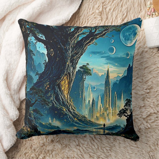 Mystical Tree City Dreamscape Throw Pillow (Blanket)