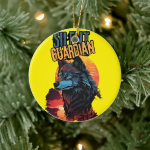 Mystical Twilight: Blue Wolf in a Fiery Horizon Ceramic Ornament