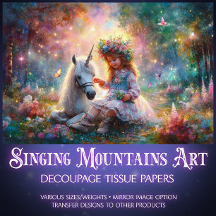 Mystical Unicorn and Girl In Forest Decoupage Tissue Paper