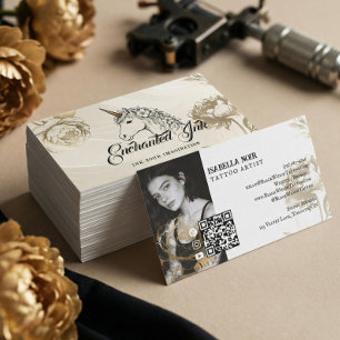 Mystical Unicorn Elegant Gold Floral Tattoo Artist Business Card