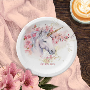 Mystical Unicorn Floral Girl 3rd Birthday Party Paper Plate