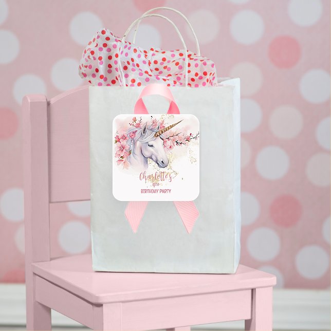 Mystical Unicorn Floral Girl 4th Birthday Party Square Sticker (Mystical Unicorn and Cherry Blossoms Pink Girl 4th Birthday Party Square Sticker)