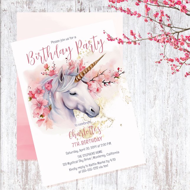 Mystical Unicorn Floral Girl 7th Birthday Party Invitation (Unicorn Mythical Creature and Pink Cherry Blossom Floral 7th Birthday Party Invitation)