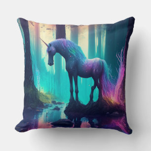 Mystical Unicorn in the Woods Fantasy Art Throw Pillow