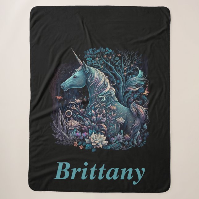 Mystical Unicorn - Personalized Fantasy Forest Sherpa Blanket (Front)