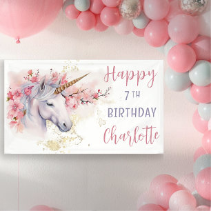 Mystical Unicorn Pink Floral Girl 7th Birthday Banner