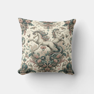 Mystical Victorian Unicorns: Enchanted Floral Throw Pillow