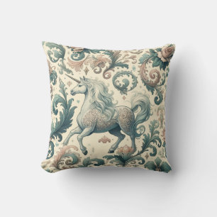 Mystical Victorian Unicorns: Enchanted Floral  Throw Pillow