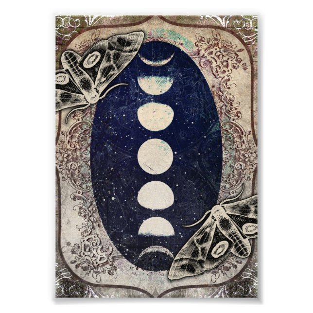 Mystical Vintage Moth Moon Phases Art Print (Front)