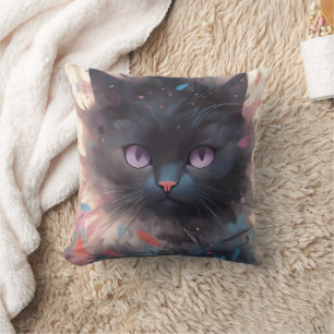 Mystical Watercolor Black Cat   Cute  Cat Throw Pillow