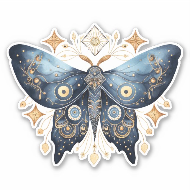 Mystical Watercolor Blue and Gold Night Moth (Front)
