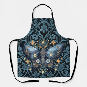 Mystical Watercolor Blue and Gold Night Moth Apron