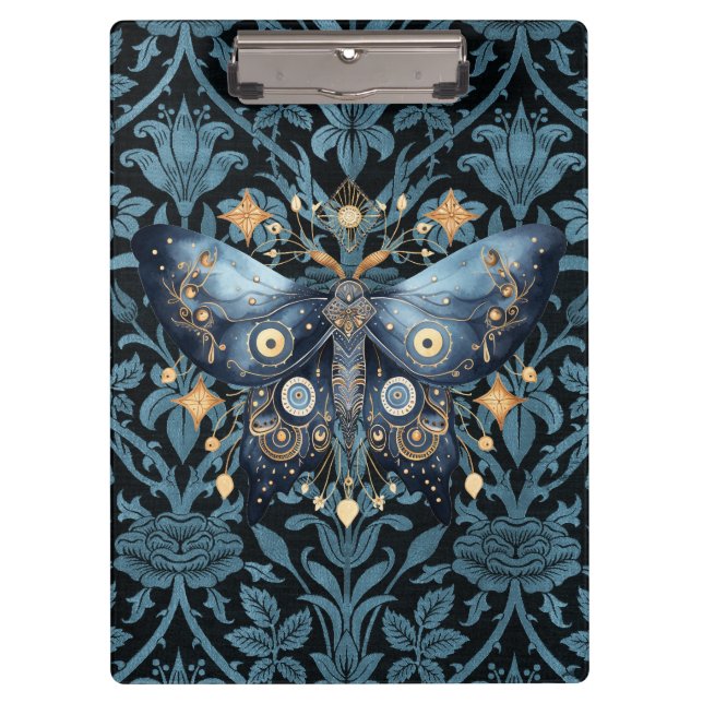 Mystical Watercolor Blue and Gold Night Moth Clipboard (Front)