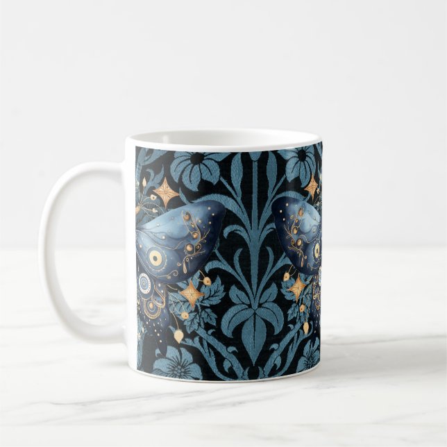 Mystical Watercolor Blue and Gold Night Moth Coffee Mug (Left)