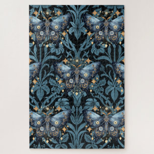 Mystical Watercolor Blue and Gold Night Moth Jigsaw Puzzle