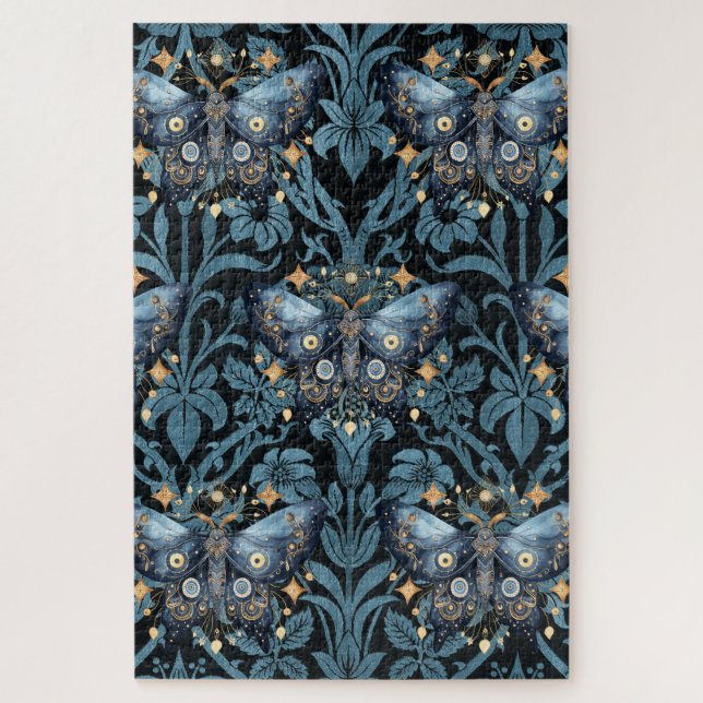 Mystical Watercolor Blue and Gold Night Moth Jigsaw Puzzle (Vertical)