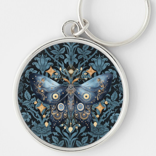 Mystical Watercolor Blue and Gold Night Moth Keychain (Front)