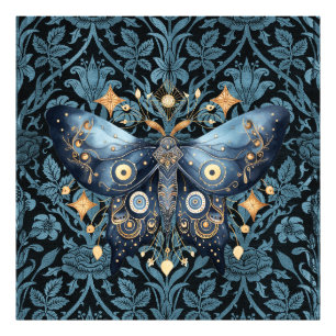 Mystical Watercolor Blue and Gold Night Moth Photo Print