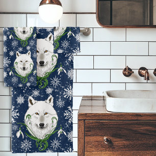 Mystical White Arctic Wolf Winter Snowdrop Blue Bath Towel Set