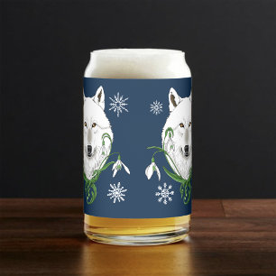 Mystical White Arctic Wolf Winter Snowdrop Blue Can Glass