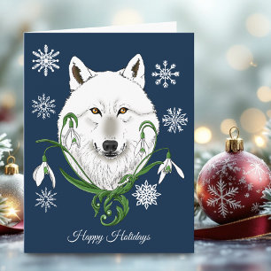 Mystical White Arctic Wolf Winter Snowdrop Blue Card