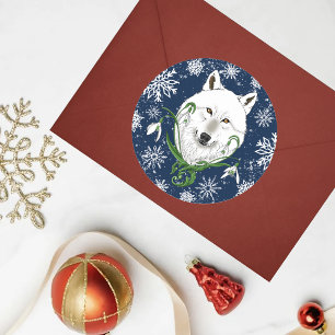 Mystical White Arctic Wolf Winter Snowdrop Blue Classic Round Sticker