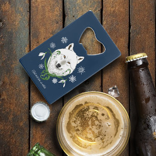 Mystical White Arctic Wolf Winter Snowdrop Blue Credit Card Bottle Opener