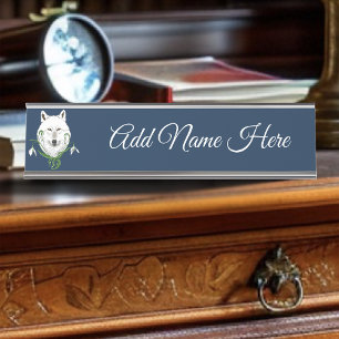 Mystical White Arctic Wolf Winter Snowdrop Blue Desk Name Plate