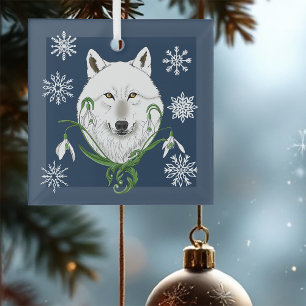 Mystical White Arctic Wolf Winter Snowdrop Blue Glass Ornament