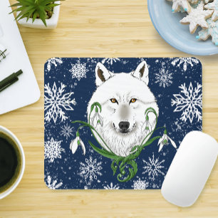 Mystical White Arctic Wolf Winter Snowdrop Blue Mouse Pad