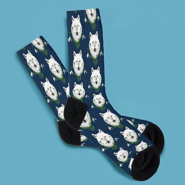 Mystical White Arctic Wolf Winter Snowdrop Blue Socks (Creator Uploaded)