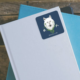 Mystical White Arctic Wolf Winter Snowdrop Blue Square Sticker