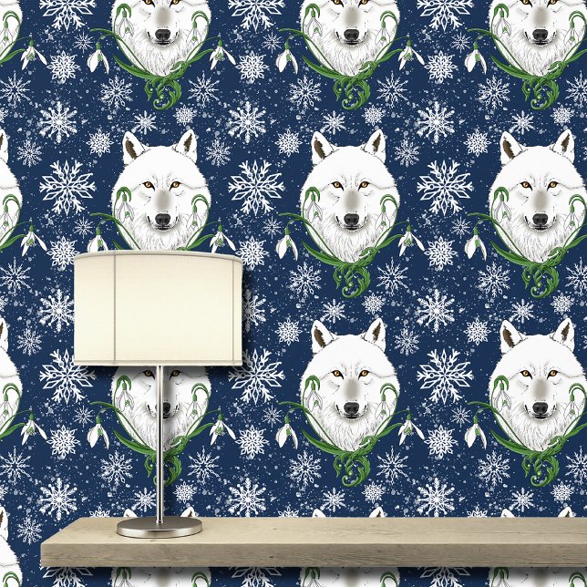 Mystical White Arctic Wolf Winter Snowdrop Blue Wallpaper (Creator Uploaded)