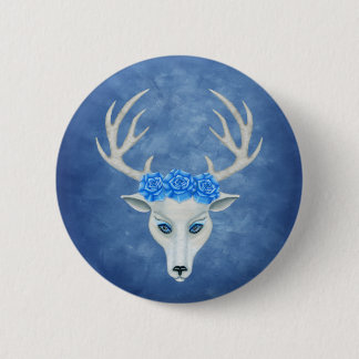 Mystical White Deer Head Blue Eyes Roses on Head 2 Inch Round Button