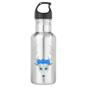 Mystical White Deer Head Wearing Blue Roses Antler 532 Ml Water Bottle