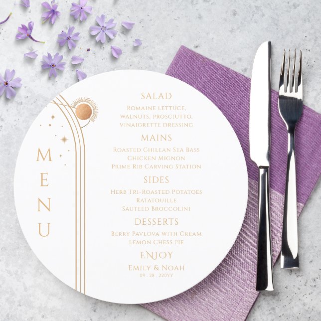 Mystical White Gold Sun Moon Stars Space Wedding Menu (Creator Uploaded)