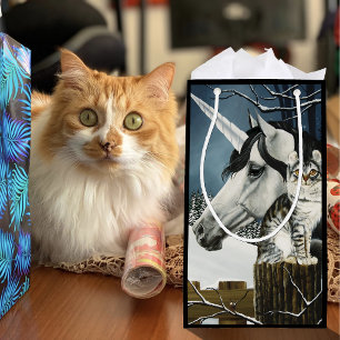 Mystical White Grey Fantasy Unicorn Cat Winter Small Gift Bag