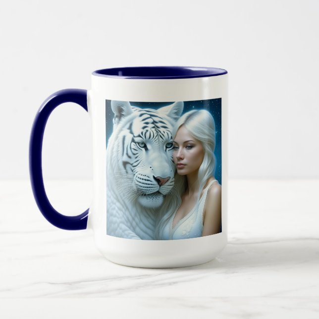 Mystical White Tiger and Beautiful Woman  Mug (Left)
