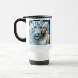 Mystical White Tiger and Beautiful Woman Travel Mug