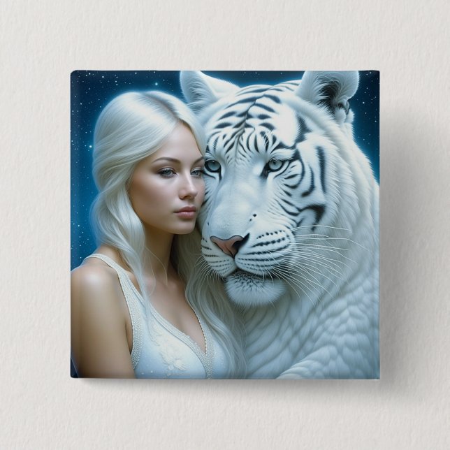 Mystical White Tiger and Woman 2 Inch Square Button (Front)