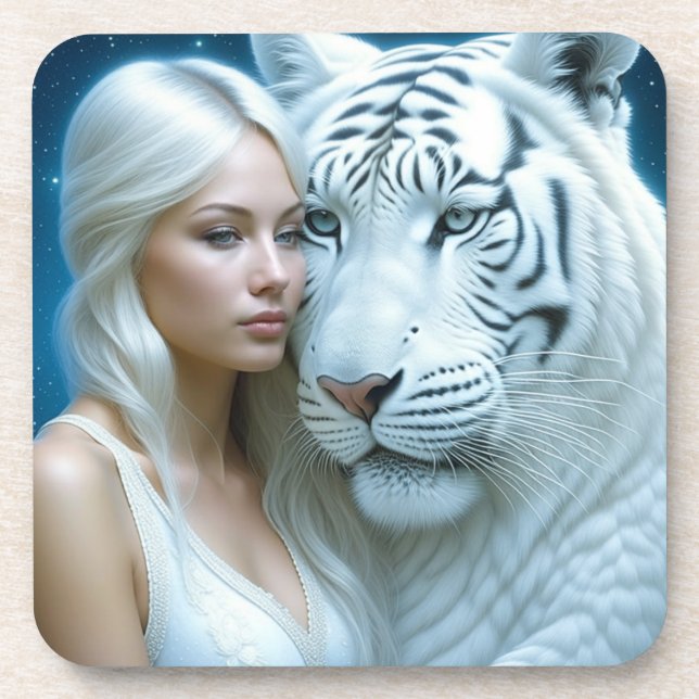 Mystical White Tiger and Woman Magical  Coaster (Front)