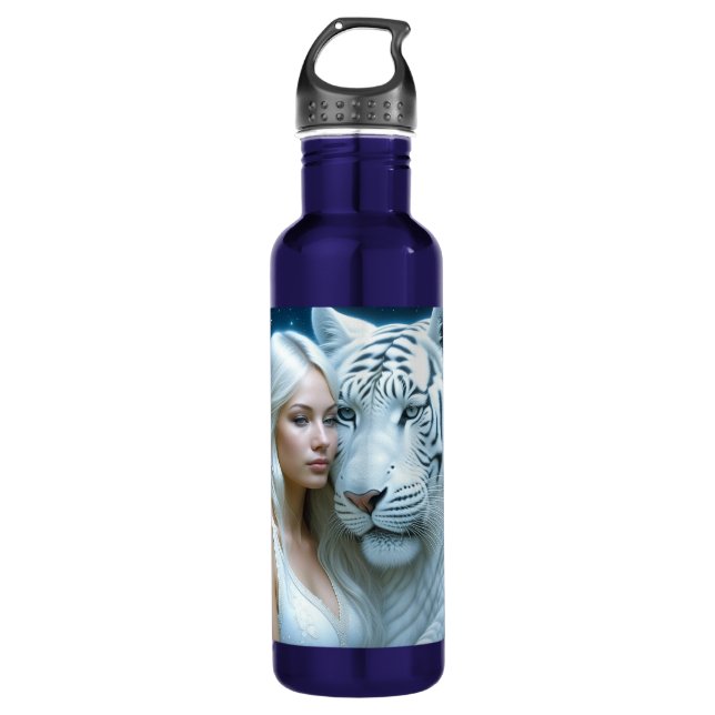 Mystical White Tiger and Woman Personalized 710 Ml Water Bottle (Front)