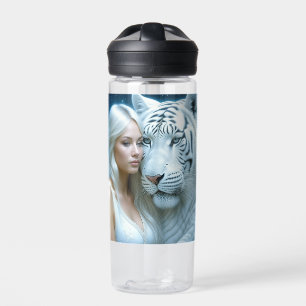 Mystical White Tiger and Woman Personalized Water Bottle