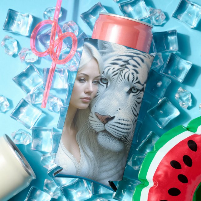 Mystical White Tiger and Woman Seltzer Can Cooler (In Situ Summer)